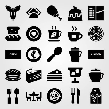 Restoran vektör Icon set. Tablo, çatal bıçak takımı, burger ve kek
