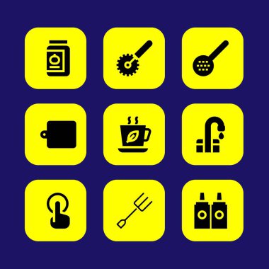 Mutfak vektör Icon set. Soslar, Kepçe, çatal, halka ve çay Kupası