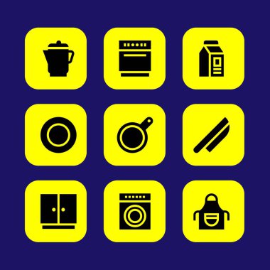 Mutfak vektör Icon set. Pan, çamaşır makinesi, kabine ve bıçak