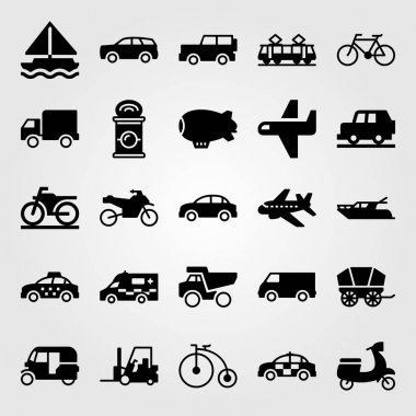Ulaşım vektör Icon set. Zeppelin, kamyon, kamyonet ve jeep