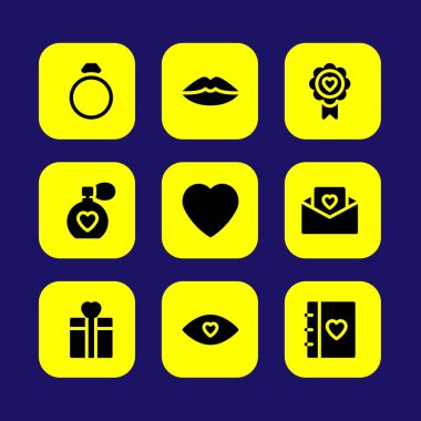 Sevgililer günü vektör Icon set. Sevgililer günü, kalp, aşk mektubu ve dudaklar