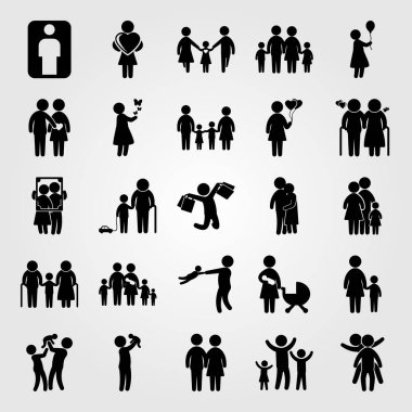 İnsanlar Icon set vektör. Aile, iki childs oynamak, baba ve bebek kız