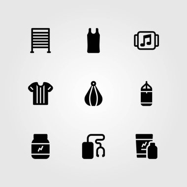 Fitness vektör Icon set. protein bar, delme spor gömlek ve delme topu