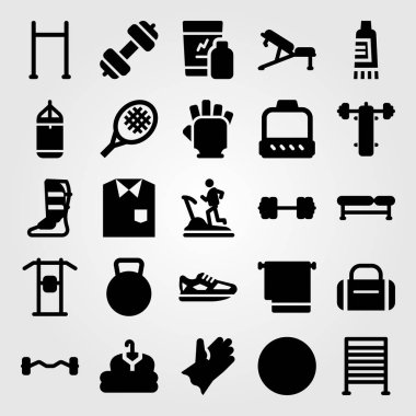 Fitness vektör Icon set. Delme, giyim ve Mustafa kettlebell,