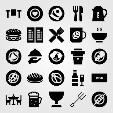 Restoran vektör Icon set. Kahvaltı, tepsi, sebze ve menü