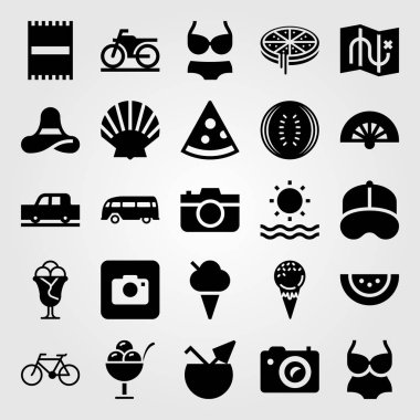 Yaz aylarında vektör Icon set. beyzbol şapkası, motosiklet, güneş ve otobüs