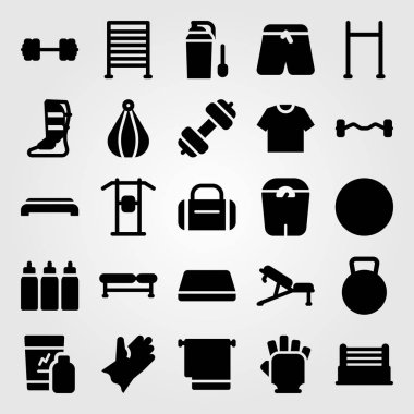 Fitness vektör Icon set. shinpad, pantolon, spor bar ve havlu