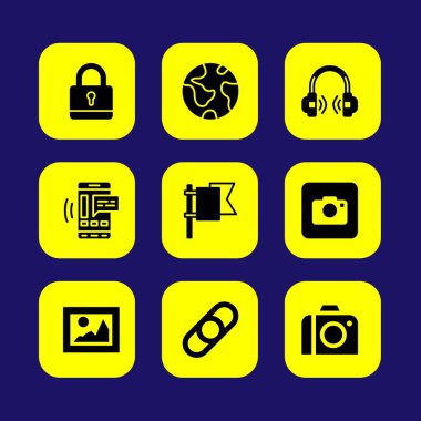 Temel vektör Icon set. asma kilit, resim, link ve fotoğraf kamera