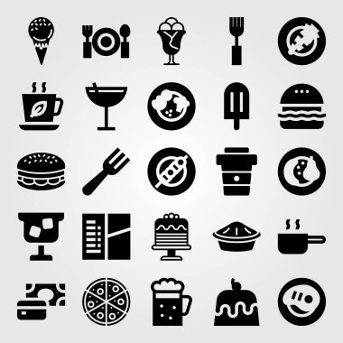 Restoran vektör Icon set. biftek, meyve, pan ve dondurma