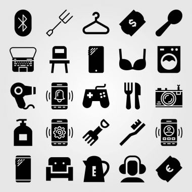 Alışveriş vektör Icon set. çatal bıçak takımı, akıllı telefon, kaşık ve sutyen