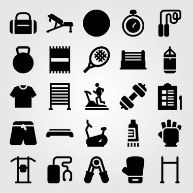 Fitness vektör Icon set. Bisiklet, gömlek, denetim listesi ve spor pantolon