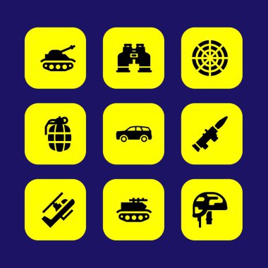 Askeri vektör Icon set. Araba, tank, kask ve helikopter
