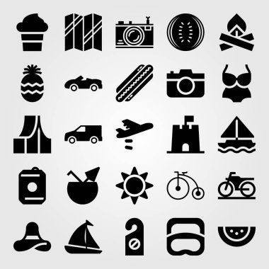 Yaz aylarında vektör Icon set. Dalış, kum Kalesi, sosisli sandviç ve mayo