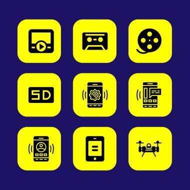 Teknoloji vektör Icon set. SD kart, akıllı telefon, film rulo ve uçak