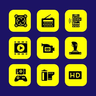 Teknoloji vektör Icon set. joystick, smartphone, oyun kumandası ve video kamera