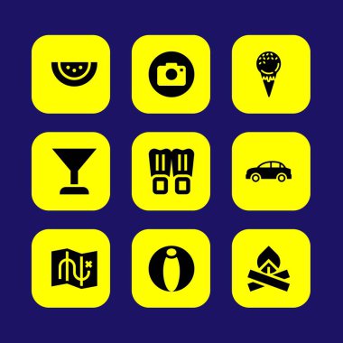 Yaz aylarında vektör Icon set. karpuz, şenlik ateşi, palet ve araba