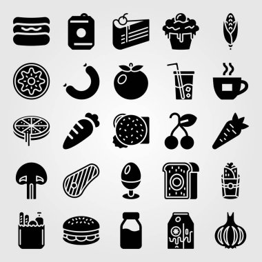 Yiyecek ve içecekler Icon set vektör. muzlu süt, havuç, pizza ve burito