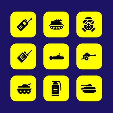 Silah vektör Icon set. gaz maskesi, silah, tank ve el bombası