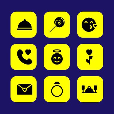 Sevgililer günü vektör Icon set. öpücük, plaka, lolipop ve akşam yemeği