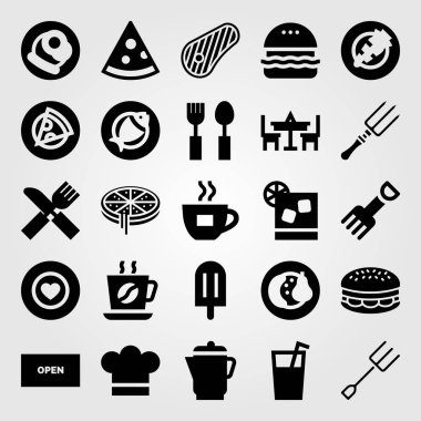Restoran vektör Icon set. suyu, çatal bıçak takımı, Balık ve tablo
