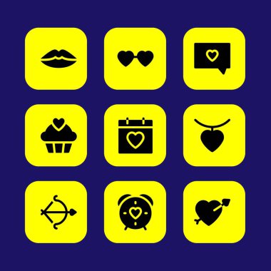 Sevgililer günü vektör Icon set. kalp kolye, kalp gözlük, aşk zaman ve kalp ile cupcake