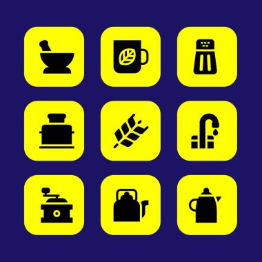 Mutfak vektör Icon set. harç, buğday, kahve makinesi ve su ısıtıcısı