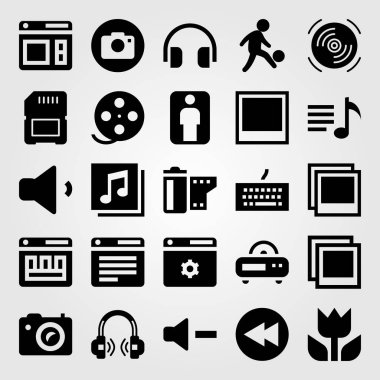Multimedya vektör Icon set. klavye, radyo, film rulo ve hacim
