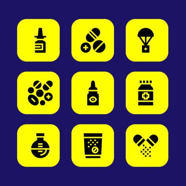 Tıp vektör Icon set. hap, yardım, tabletler ve şişesi