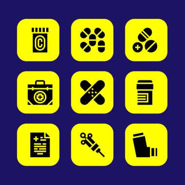 Tıp vektör Icon set. yama, ilaç, tıbbi sonucu ve ilk yardım kiti