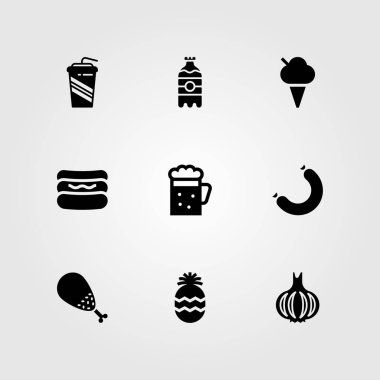 Yiyecek ve içecekler Icon set vektör. alkolsüz içecek, bira, tavuk budu ve sosisli sandviç