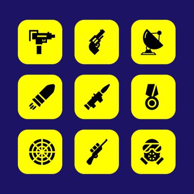 Silah vektör Icon set. keskin nişancı, roka, gaz maskesi ve madde işareti