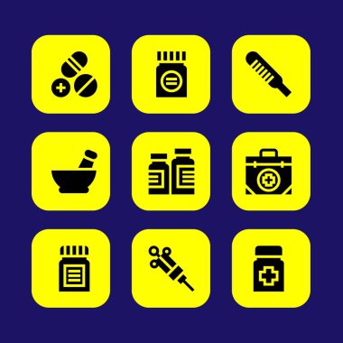 Tıp vektör Icon set. harç, hapları, şırınga ve termometre