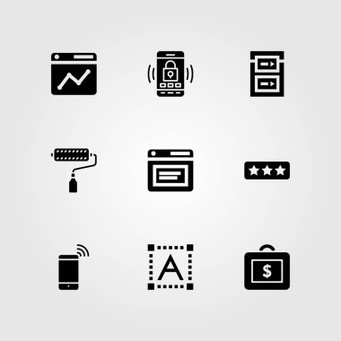 Web tasarım vektör Icon set. duyarlı, metin düzenleyicisi, rulo ve evrak çantası