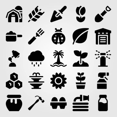 Bahçe vektör Icon set. bitki, püskürtme, yaprak ve uğur böceği