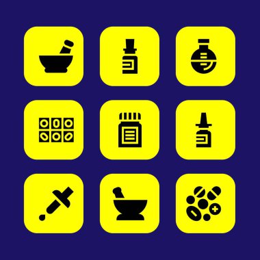 Tıp vektör Icon set. flask, ilaç, ilaç ve burun spreyi