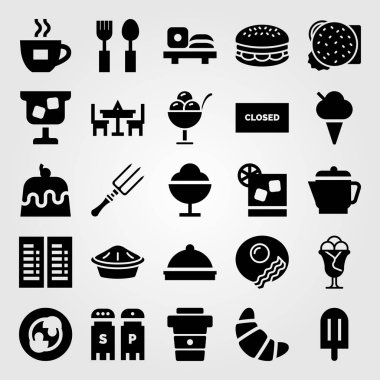 Restoran vektör Icon set. su ısıtıcısı, tablo, tepsi ve menü