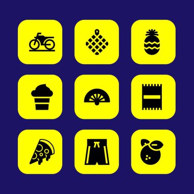 Yaz aylarında vektör Icon set. havlu, portakal, mayo ve pizza