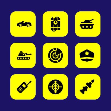 Askeri vektör Icon set. roket, walkie talkie, amaç ve araç