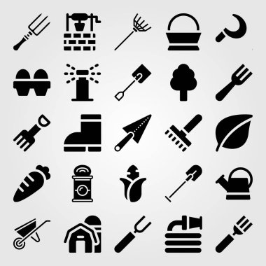 Bahçe vektör Icon set. Hortum, yumurta, sepet ve ağaç