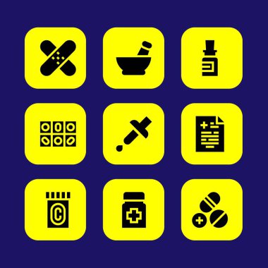 Tıp vektör Icon set. tıbbi sonucu, pipet, harç ve hapları