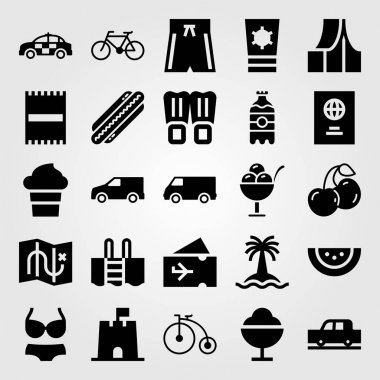 Yaz aylarında vektör Icon set. plaj havlusu, içki, palet ve uçak bileti