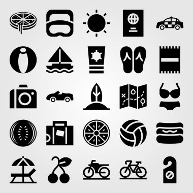 Yaz aylarında vektör Icon set. Dalış, motosiklet, spor araba ve voleybol