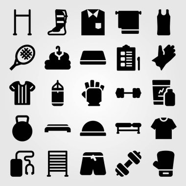 Fitness vektör Icon set. giyim, bar, shinpad ve bosu topu pull