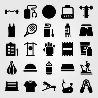 Fitness vektör Icon set. yukarı çekin bar, mat, spor gömlek ve kasnak