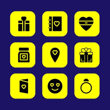 Sevgililer günü vektör Icon set. Gündem aşk, sevgi, aşk hapları ve yüzük gülümse