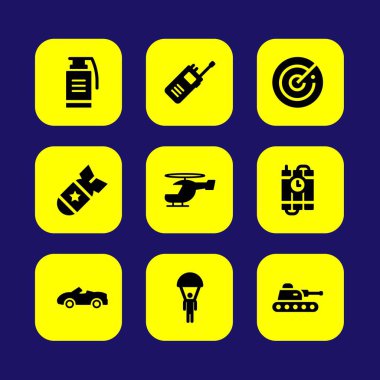Askeri vektör Icon set. dinamit, helikopter, araba ve spor araba