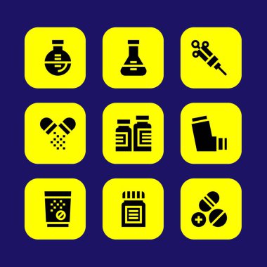 Tıp vektör Icon set. flask, oksijen tüpü, tabletler ve hapları