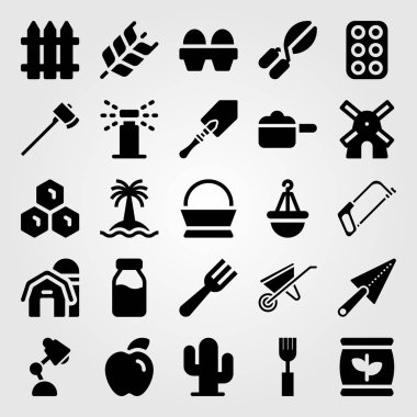 Bahçe vektör Icon set. Balta, el arabası, yel değirmeni ve Resepsiyon lambası