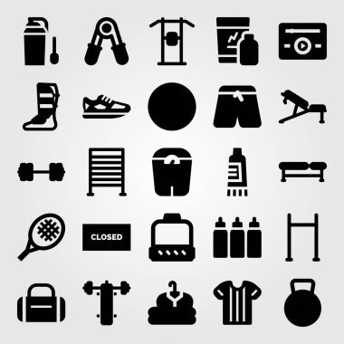 Fitness vektör Icon set. kasnak, Mustafa, kumaş ve blok