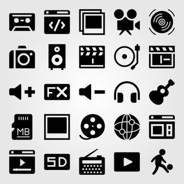 Multimedya vektör Icon set. futbolcu, fotoğraf, Klaket ve kaset